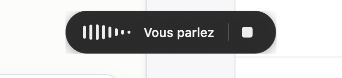 Murmure’s pill while listening: a waveform, “Vous parlez” (you’re speaking), and a stop button.