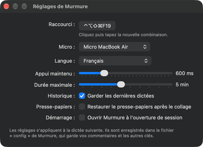 Murmure’s Settings window: shortcut, microphone, language, hold threshold, maximum length, history, clipboard, launch at login.